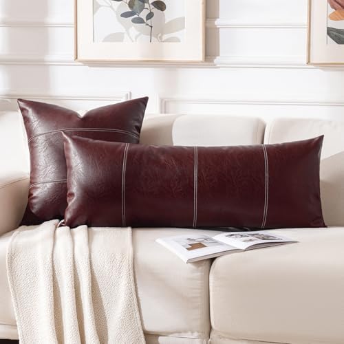 Fancy Homi Burgundy Boho Long Lumbar Faux Leather Decorative Throw Pillow - Image 5