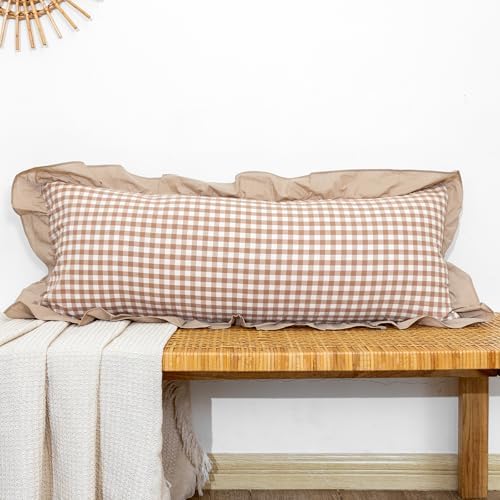 JoraLion Ruffled Lumbar Pillow Cover 14x36 Gingham Khaki Solid Edge by JoraLion