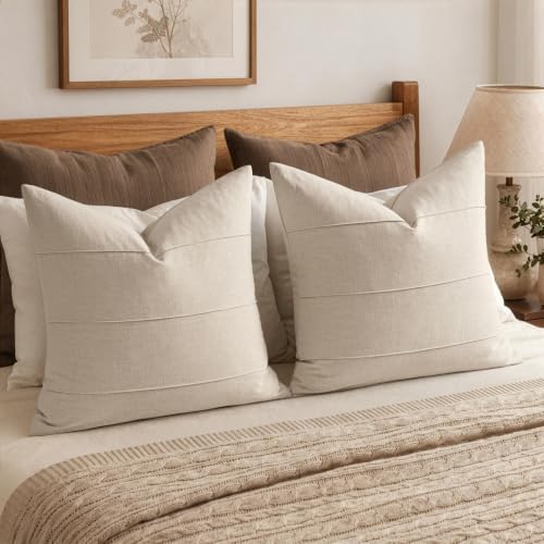 MIULEE Decorative Linen Throw Pillow Covers 20x20 Natural Beige Striped - Image 5