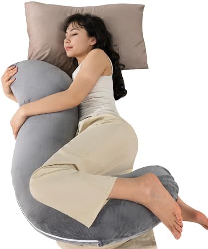 QUEEN ROSE Body Pillow for Side Sleepers, S Shaped Hug Pillow, Velvet Grey by QUEENROSE