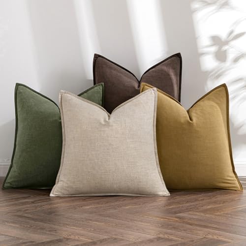 MIULEE Neutral Green/Brown Boho Linen Pillow Covers 18x18 Inch Pack of 4 by MIULEE