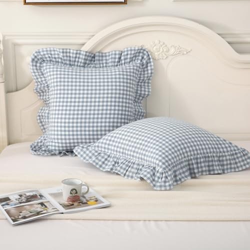 Silnuo 2 Pack Blue/White Plaid Gingham Ruffle Throw Pillow Covers 18"x18" by Silnuo