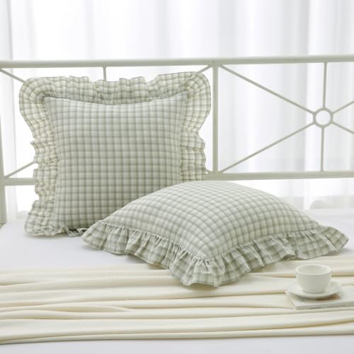 Mywinlle Muted Sage Green Gingham Ruffle Euro Shams by Mywinlle