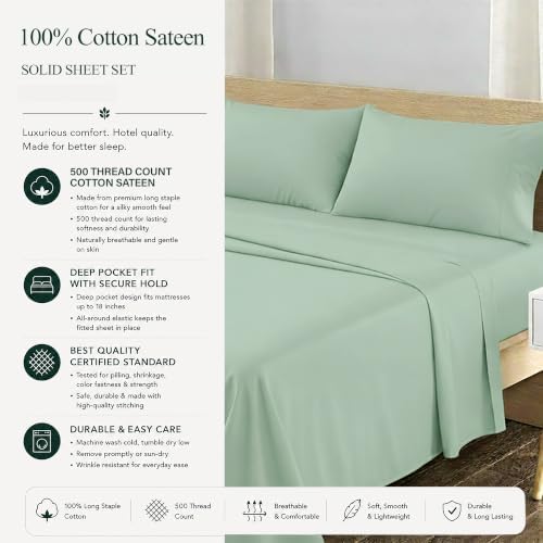 Feather & Stitch 100% Cotton Sateen 500 TC Cal King Size Bed Sheet Set - Image 6