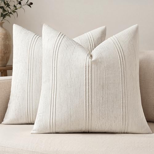 MIULEE Decorative Striped Throw Pillow Covers 18x18 in Natural Beige 2 Pack by MIULEE