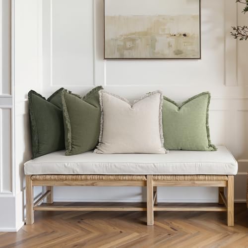 MIULEE Fall Linen Fringe Pillow Covers Set of 4 20x20 Beige/Sage Green - Image 2