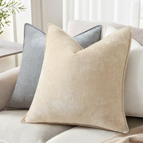 decorUhome Chenille Beige Velvet Throw Pillow Covers 18x18 Set of 2 - Image 3