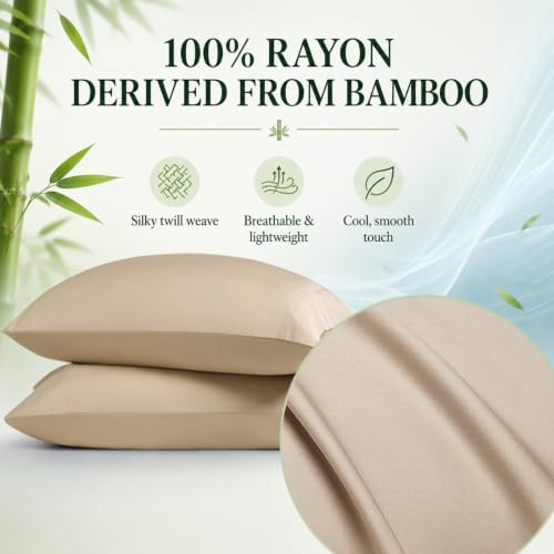 Pillow Cases Set, 100% Rayon from Bamboo, Queen 20"x30" Beige - Image 3