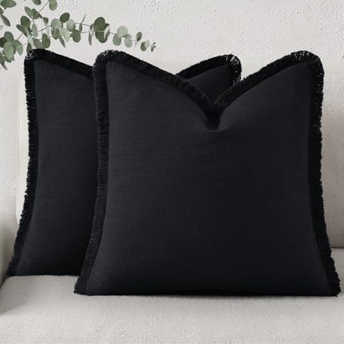 decorUhome Linen Fringe Black Throw Pillow Covers 20x20 Set of 2 by decorUhome
