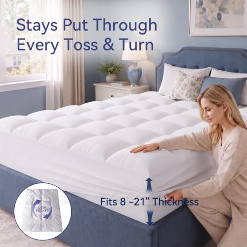 ELEMUSE King Mattress Topper, Extra Thick Pillow Top Mattress Pad Cover - Image 4