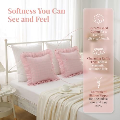 Mywinlle Blush Pink Plaid Ruffle Throw Pillow Shams 18"x18" Set of 2 - Image 2