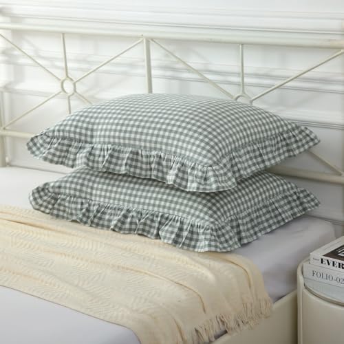 Mywinlle Dusty Green Gingham Ruffle Pillow Shams King Size Set of 2 - Image 4