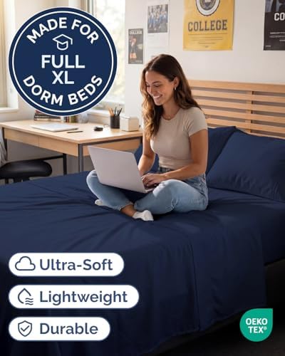 Full XL Sheets - 4 Piece Full XL Sheet Set - Cool & Breathable - Navy Blue - Image 2