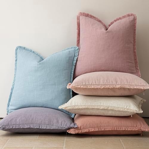 Foindtower Decorative Linen Fringe Throw Pillow Covers 20×20 Inch, Rose Pink - Image 6