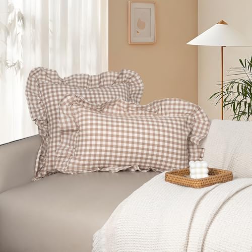JoraLion Ruffled Throw Pillow Cover 12x20 Gingham Khaki - Image 2