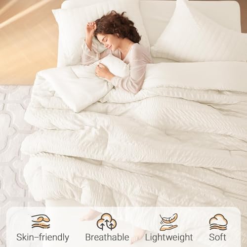 MUXHOMO 7 Pieces Queen Comforter Set, Seersucker Bed in a Bag Queen Size - Image 2
