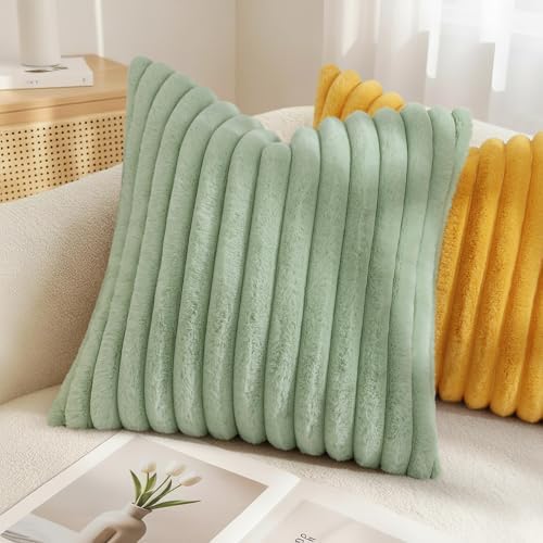 decorUhome Fall Faux Fur Throw Pillow Covers 18x18 Set of 2 Sage Green - Image 4