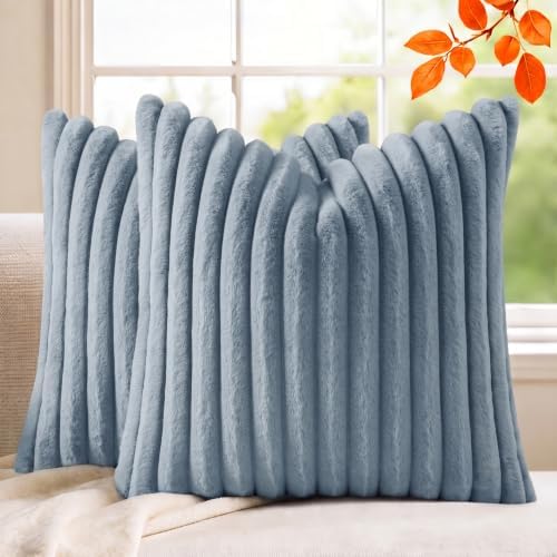 Set of 2 Decorative Throw Pillow Covers 20x20 Faux Fur Light Blue by MEGAYESHome