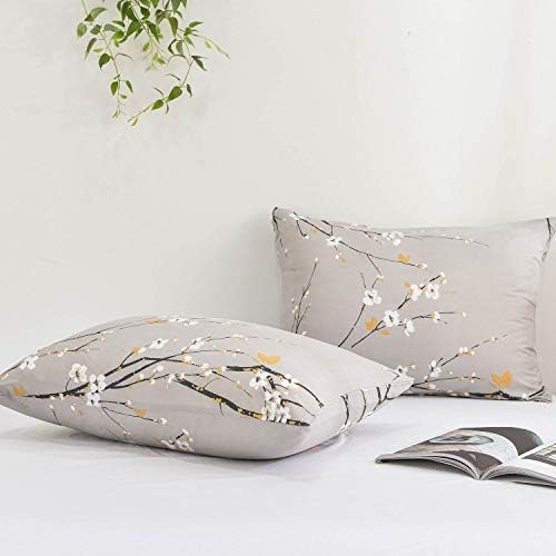 NANKO Floral Pillow Case Set, Tan Gray Plum Blossom Flower Pattern Printed - Image 2
