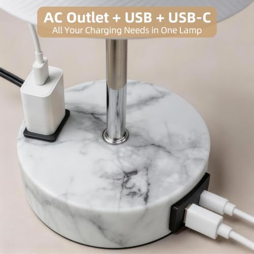 Table Lamp, Dimmable Touch, AC Outlet, USB A+C (White&Marble) - Image 2