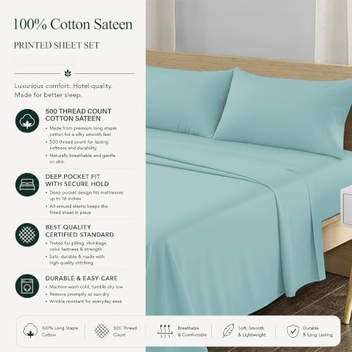 Feather & Stitch 100% Cotton Sateen 500 TC Queen Size Bed Sheet Set - Image 6