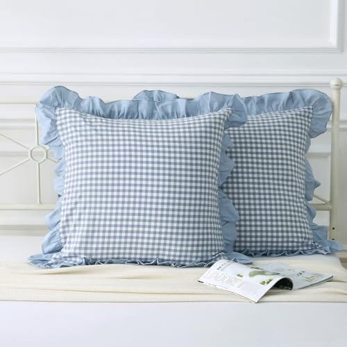 Mywinlle Dusty Blue Plaid Ruffle Gingham Euro Pillow Shams 26"x26" by Mywinlle
