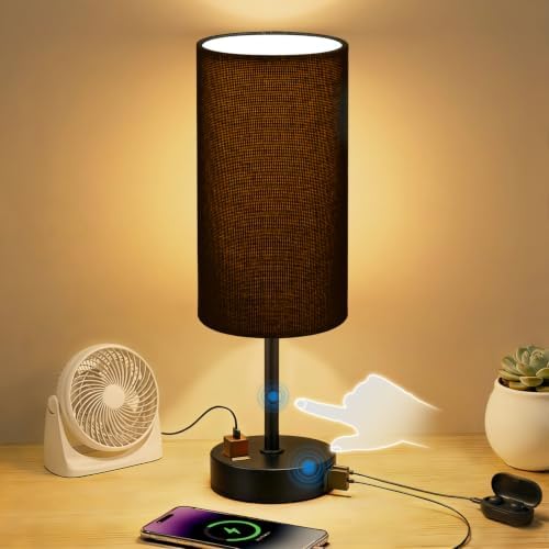 Bedside Table Lamp, Dimmable Touch, AC Outlet, USB A+C (Black) by Unknown