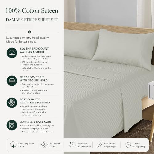 Feather & Stitch 100% Cotton Sateen 500 TC Twin Size Bed Sheet Set - Image 6