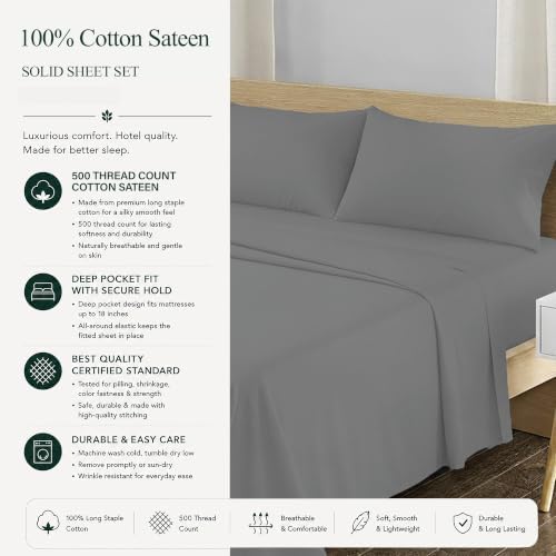 Feather & Stitch 100% Cotton Sateen 500 TC Queen Size Bed Sheet Set - Image 6