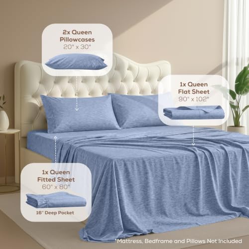 Queen Sheet Set, 4 Pieces 16" Deep Pocket Hotel Luxury Sheets, Heather Navy - Image 2