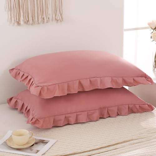 Pink Mocha Pillow Shams Cute Ruffle Queen Pillowcases Solid Pillow Cover Set of - Image 2