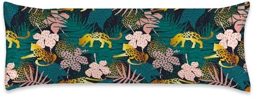 Body Pillow Cover with Zipper, Tropical Flowers Palm Leaves Jaguar Imitation by Unknown
