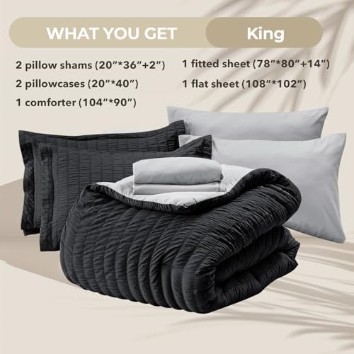 HYMOKEGE Black/Light Grey King Size Comforter Set Seersucker 7 Pieces, All - Image 5