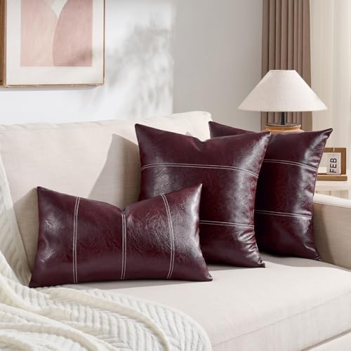 Fancy Homi Burgundy Faux Leather Decorative Throw Pillow Covers 18x18 Inch - Image 5