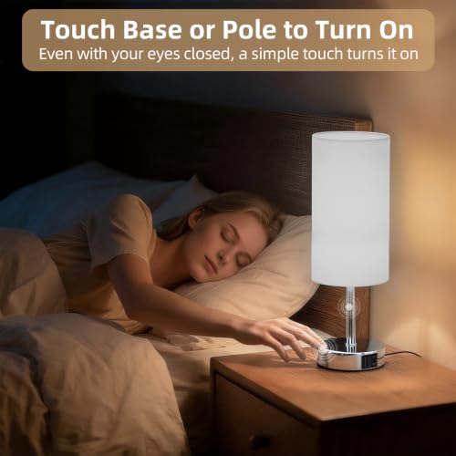 Table Lamp, Dimmable Touch, AC Outlet, USB A+C (White&Silver) - Image 4