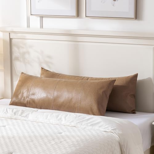 Fancy Homi Light Brown Boho Long Lumbar Faux Leather Decorative Throw Pillow - Image 2