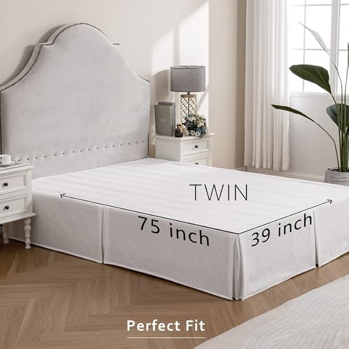 MIYE Pleated Waffle Weave Bed Skirt, Tailored Dust Ruffle 14 Inch Drop Easy Fit, Machine Washable (White, Twin - 14" Drop)
