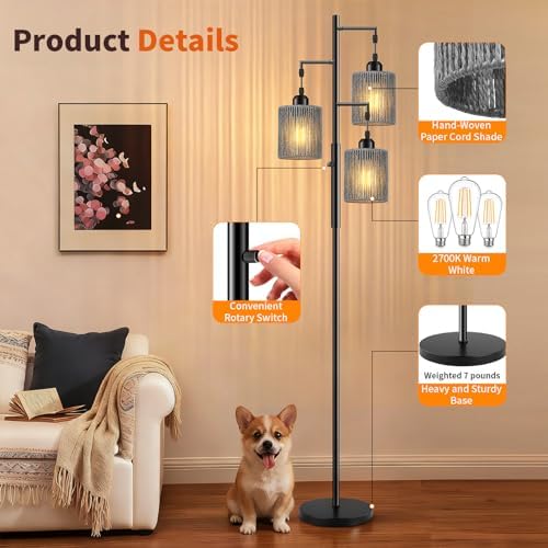 Hotsonic 72" Boho Rattan Tree Floor Lamp, Tall Dimmable Industrial Standing Lamp, Corner Decor Accent Lighting for Living Room, Bedroom, Dining Room, Nursery, Cafe (3 x 800LM Bulbs Included) - Black - Image 5