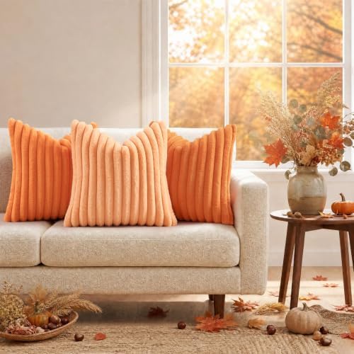 decorUhome Fall Faux Fur Throw Pillow Covers 26x26 Set of 2 Light Orange - Image 5