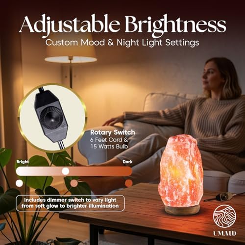 UMAID Himalayan Salt Lamp 8–10"(7–11 lb) Dimmable Pink Rock Salt Lamp with Wooden Base & Night Light Bulb, Spa Decor for Meditation Room, Massage Stones Ambiance, Desk & Bedroom,Gifts for Men & Women - Image 4