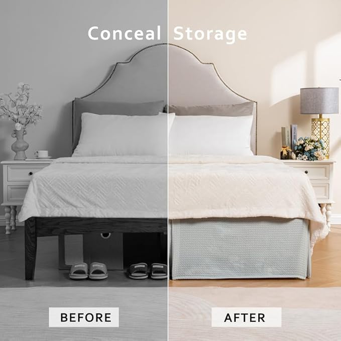 MIYE Pleated Waffle Weave Bed Skirt, Tailored Dust Ruffle 18 Inch Drop Easy Fit, Machine Washable (Light Grey, Full - 18" Drop)