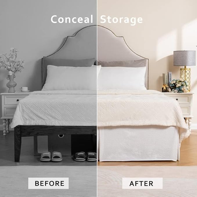 MIYE Pleated Waffle Weave Bed Skirt, Tailored Dust Ruffle 16 Inch Drop Easy Fit, Machine Washable (White, TwinXL - 16" Drop)