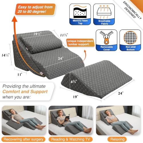 Adjustable Orthopedic Bed Wedge Pillow Set, Post Surgery Recovery, Memory Foam - Image 2