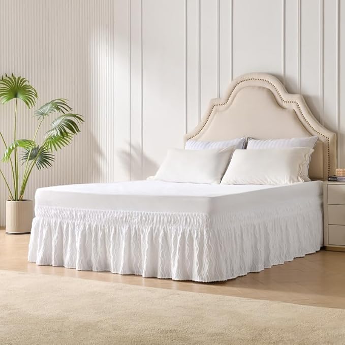 MIYE Wavy Tufted Bed Skirt - Wrap Around Dust Ruffle with Elastic Belts - 15 Inch Drop Easy to Put On - Bedskirt Machine Washable ＆ Wrinkle Resistant(Wavy/White, King/Queen-15 Drop)
