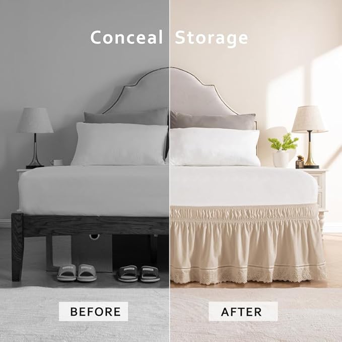MIYE Wrap Around Ruffled Lace Bed Skirt, Elastic Dust Ruffle with Adjustable Belts, Easy to Put On, Bed Frame Cover, Machine Washable (Embroidered/Beige, King/Queen-15 Drop)