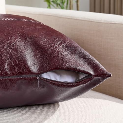Fancy Homi Burgundy Faux Leather Decorative Throw Pillow Covers 18x18 Inch - Image 3