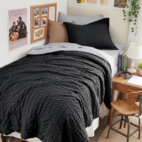 HYMOKEGE Black/Light Grey Twin Comforter Set Seersucker 5 Pieces, All Season by HYMOKEGE