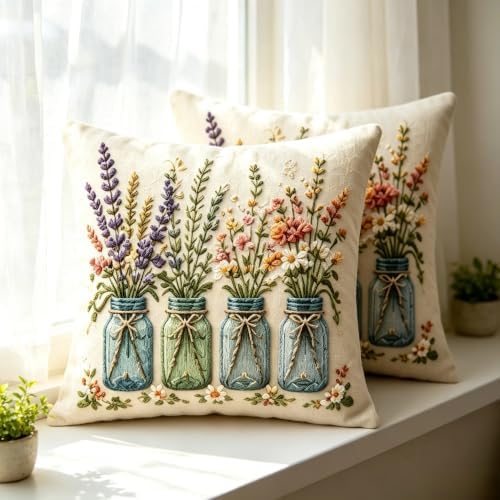 2D Flat Jar Wildflower Linen Throw Pillow Covers 18x18 Set of 2 - Image 4