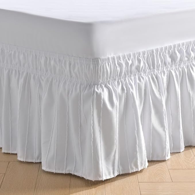 MIYE Striped Tufted Bed Skirt - Wrap Around Dust Ruffle with Elastic Belts - 15 Inch Drop Easy to Put On - Bedskirt Machine Washable ＆ Wrinkle Resistant(Striped/White, King/Queen-15 Drop)