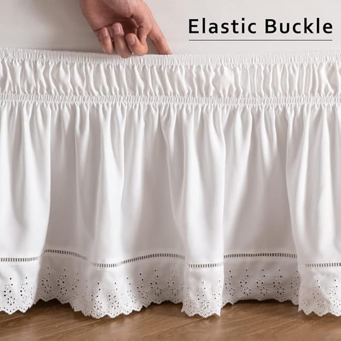 MIYE Wrap Around Ruffled Lace Bed Skirt, Elastic Dust Ruffle with Adjustable Belts, Easy to Put On, Bed Frame Cover, Machine Washable (Embroidered/White, King/Queen-18 Drop)